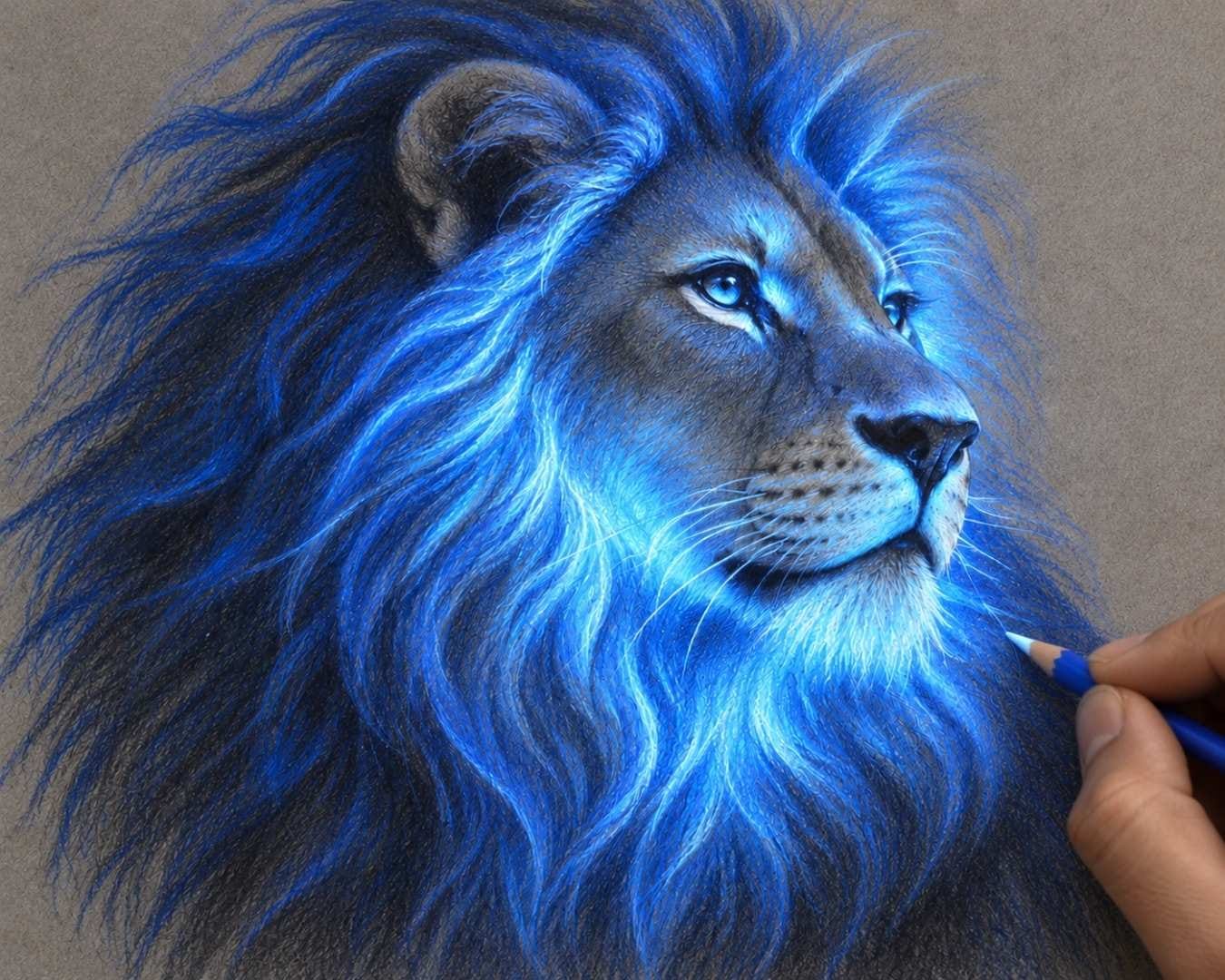 Glowing colored pencil lion drawing